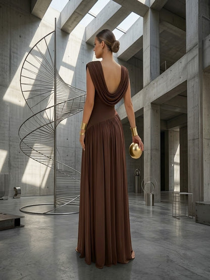 Elegant Waist-cinching Pleated Evening Gown Sleeveless Slit Long Dress