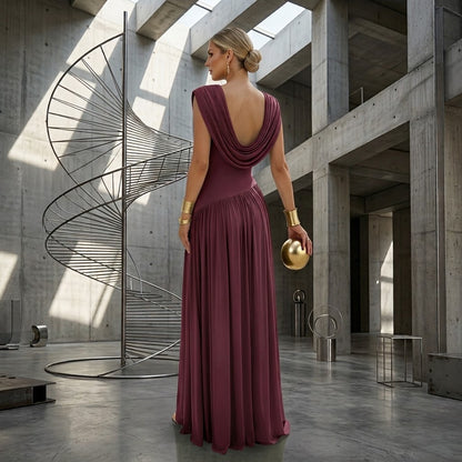 Elegant Waist-cinching Pleated Evening Gown Sleeveless Slit Long Dress
