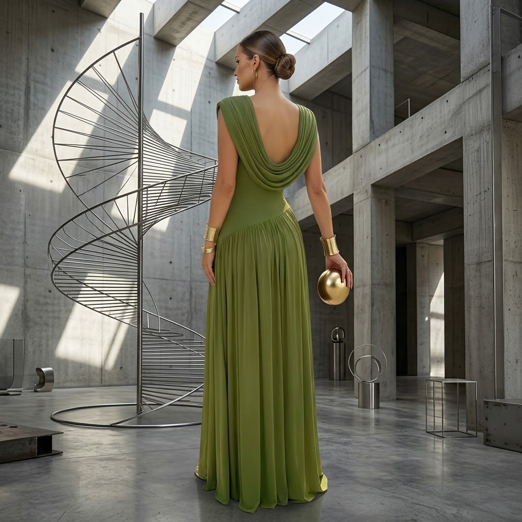Elegant Waist-cinching Pleated Evening Gown Sleeveless Slit Long Dress