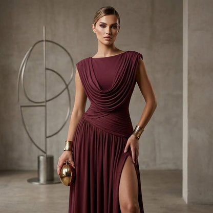 Elegant Waist-cinching Pleated Evening Gown Sleeveless Slit Long Dress